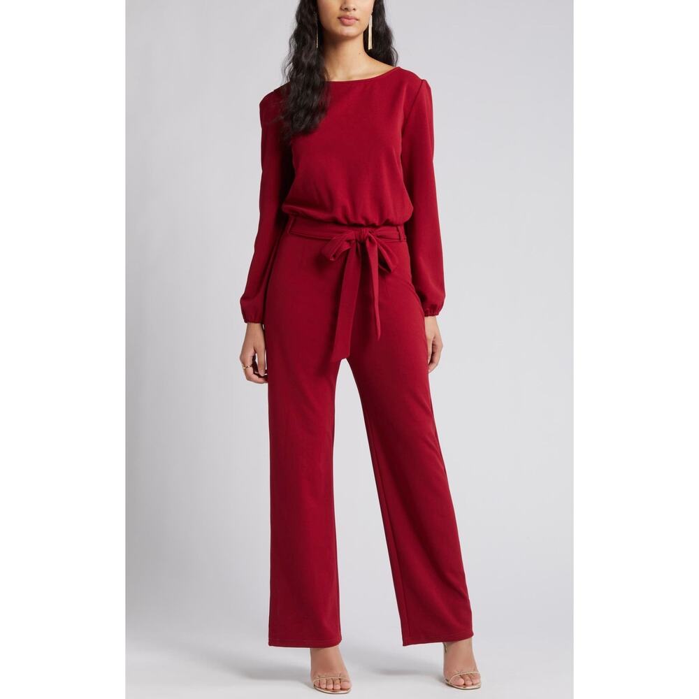 Nikki Lund Joy Burgandy Long Sleeve Tie Waist Jumpsuit Large NWOT